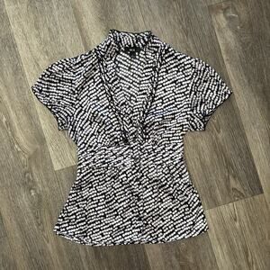 BCX Polka Dot Ruffle Collar Blouse Waist Tie Detail Classic Top Size L
